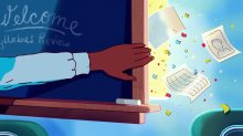 Illustration of a hand swinging open a classroom chalkboard to reveal a window behind with bright light, papers and confetti flying outward.