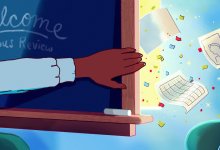 Illustration of a hand swinging open a classroom chalkboard to reveal a window behind with bright light, papers and confetti flying outward.