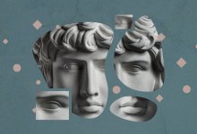 Collage of pieces of a stone statue's face and geometric shapes