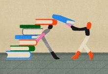 Illustration of a large stack of books towering over and leaning onto a person, with a second person catching a falling book in an attempt to help