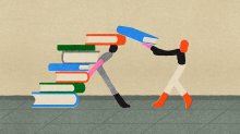 Illustration of a large stack of books towering over and leaning onto a person, with a second person catching a falling book in an attempt to help