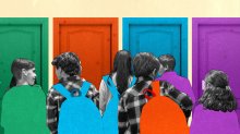 A group of elementary students approaching doors that are different colors