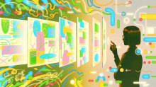 Illustration of a person looking through a series of glass panels with designs on them, which become progressively more organized the closer they get to the person.
