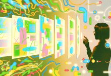 Illustration of a person looking through a series of glass panels with designs on them, which become progressively more organized the closer they get to the person.