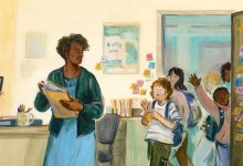 Illustration of a Principal in her office looking back at an open door covered in sticky notes, with smiling students in the entry waving to her.