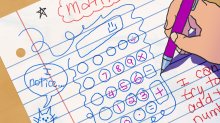 Illustration of a hand writing on notebook paper with scribbles forming a loose calculator drawing, alongside written observations.