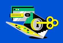 Illustration of a laptop being opened by a key.