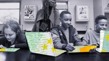 Laptops and tablets students are using are edited out of the image, revealing various types of paper