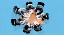 Photo collage illustration of an overheard view of a group of students around a round table shaped like a speech bubble.