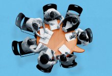 Photo collage illustration of an overheard view of a group of students around a round table shaped like a speech bubble.