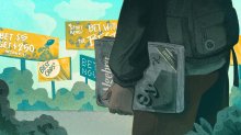illustration of a student holding an old algebra book while looking at sports gambling billboards across the street.