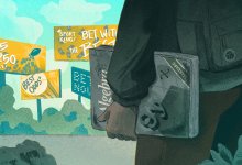 illustration of a student holding an old algebra book while looking at sports gambling billboards across the street.