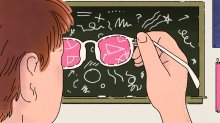 Illustration of a student looking through rose-colored glasses at a chalkboard.