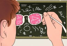 Illustration of a student looking through rose-colored glasses at a chalkboard.