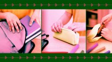 Photo illustration showing different images of a kid unpacking their backpack and taking out markers.
