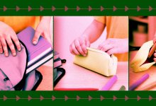 Photo illustration showing different images of a kid unpacking their backpack and taking out markers.