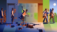 Illustration of a student walking left to right across the image with her encountering a crumbling floor, then continuing her walk successfully.