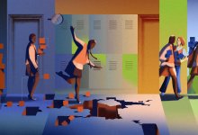 Illustration of a student walking left to right across the image with her encountering a crumbling floor, then continuing her walk successfully.