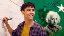 Collage illustration of a student writing on a board, and looking back to see images of Einstein and graphics of a start bouncing up a staircase.
