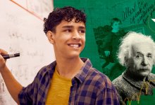 Collage illustration of a student writing on a board, and looking back to see images of Einstein and graphics of a start bouncing up a staircase.