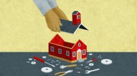 An illustration of an administrator's hands repairing a school building, representing learning from school leadership mistakes
