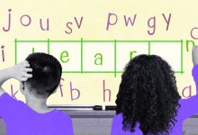 An illustration of two students filling out five boxes with letters at the whiteboard