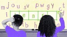An illustration of two students filling out five boxes with letters at the whiteboard