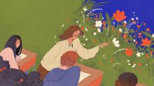 illustration of a teacher leading a class with a background of blooming flowers