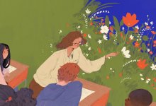 illustration of a teacher leading a class with a background of blooming flowers