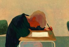 illustration of a student at a desk staring into an empty void where a test or paper should be