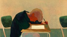 illustration of a student at a desk staring into an empty void where a test or paper should be