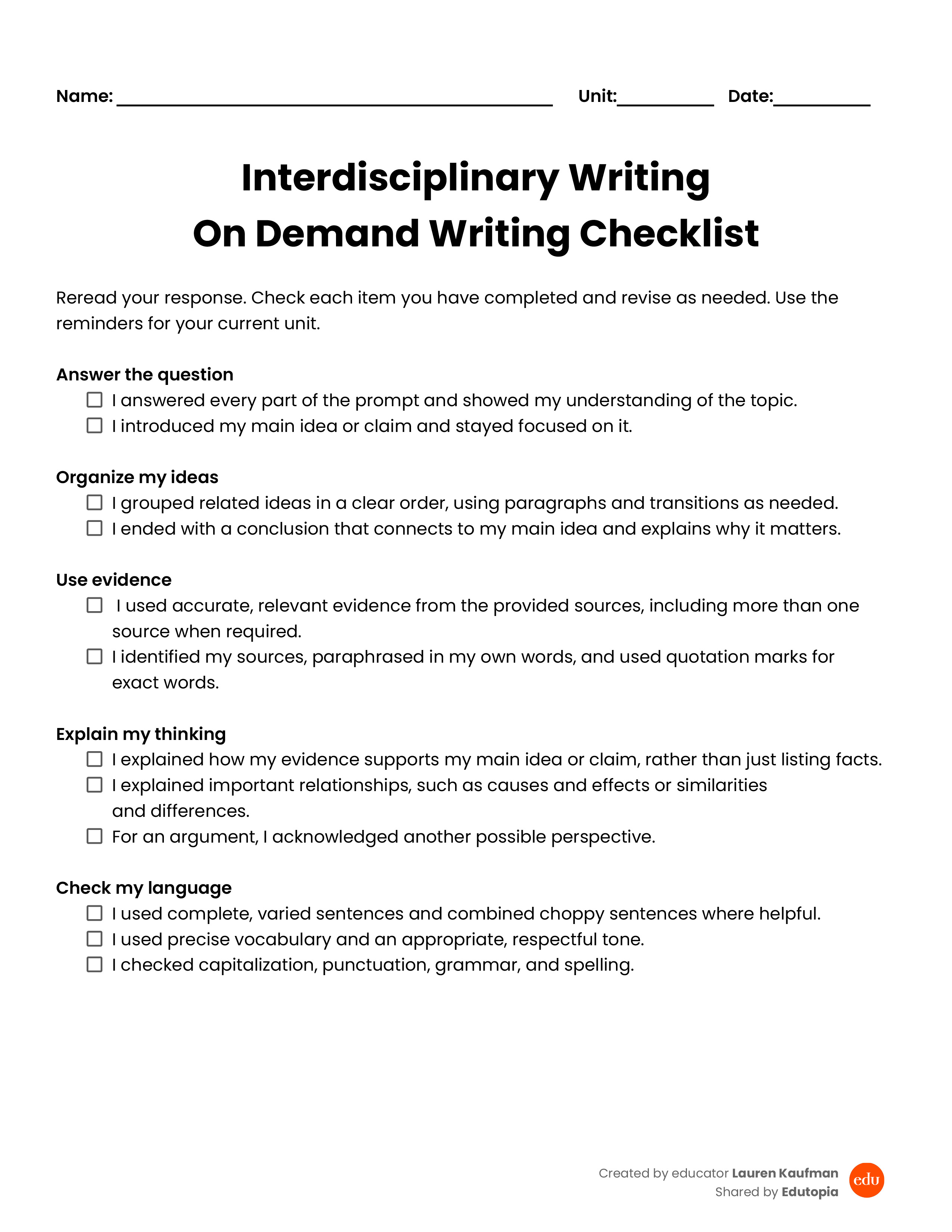 Download preview for Interdisciplinary Writing On Demand Writing Checklist