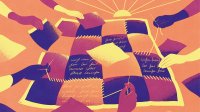 Illustration of people making a quilt with text on the squares