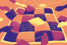 Illustration of people making a quilt with text on the squares