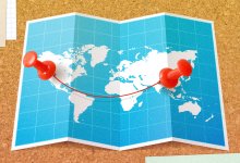 Collage of a world map with pins on the US and India
