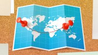 Collage of a world map with pins on the US and India