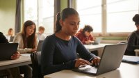 High school students working on laptops in class