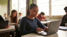 High school students working on laptops in class