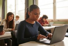High school students working on laptops in class