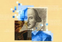 A collage of digital and analog pieces coming together to form Shakespeare's portrait