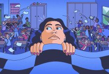 Illustration of a teacher awake, in bed, looking around at a dream scene with a wild, unruly class.