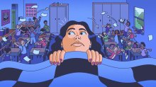 Illustration of a teacher awake, in bed, looking around at a dream scene with a wild, unruly class.