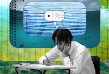 Illustration of a student sitting at a desk writing, with thought bubbles echoing outward with different images of fish in a lake.