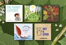 A collage of five books discussing community and nature