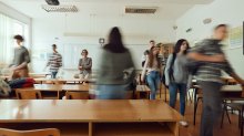 High school teacher watching as students arrive in class