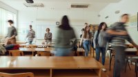 High school teacher watching as students arrive in class