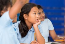 Elementary students listening intently to their teacher and raising their hand to participate in class discussion