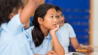 Elementary students listening intently to their teacher and raising their hand to participate in class discussion