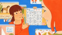 Illustration of a child holding up a computer browser window to show their math test.