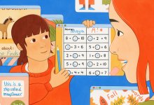 Illustration of a child holding up a computer browser window to show their math test.